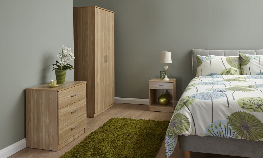 Home Source 3 Piece Bedroom Wooden Furniture Sets - Wardrobe, Chest, Bedside - Oak
