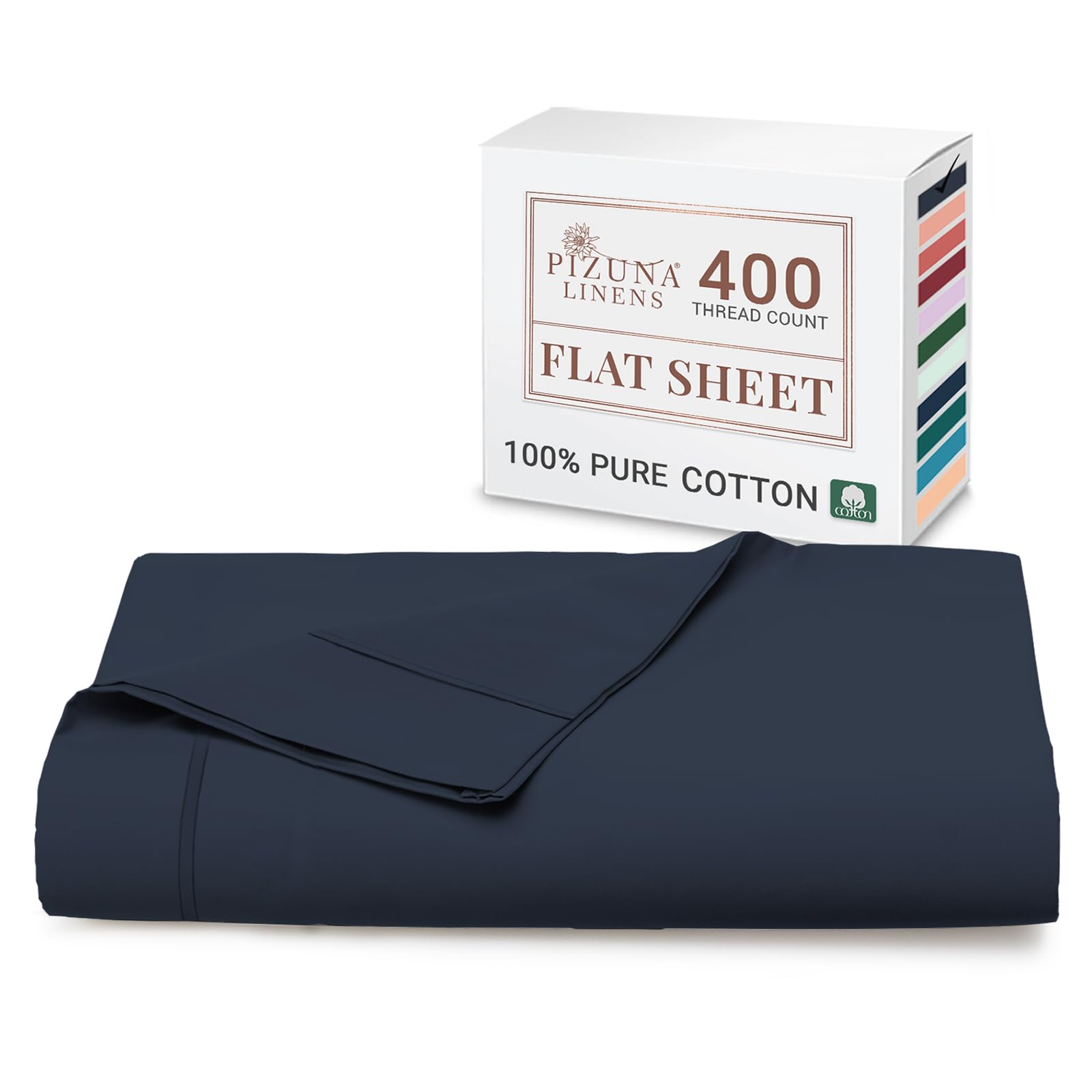 Pizuna 100% Cotton King Size Flat Sheet Dark Blue, 400 Thread Count Long Staple Cotton Flat Sheet King Size 275x280 cm, Soft Sateen Weave Top Sheet King Size (Cotton King Flat Sheet Dark Blue)