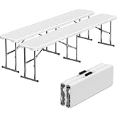 IWDOO 6ft Folding Bench 2 Pack for Picnic Party Camping, 650lbs Capacity | Plastic Folding Bench with Handle, Safety Locking Button, HDPE Tabletop - BBQs, Sporting Events, and Soccer Activities, White