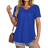 T Shirts for Women Short Sleeve Tops Casual Pleated Front Blouses V Neck Summer Tees
