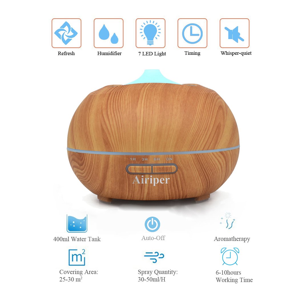 Airiper 400ml Aroma Essential Oil Diffuser, Portable Wood Grain Aromatherapy Humidifier Ultrasonic Cool Mist Air Purifiers w 7 Color LED Lights, 4 Timer Settings, Waterless Auto Shut-Off Features
