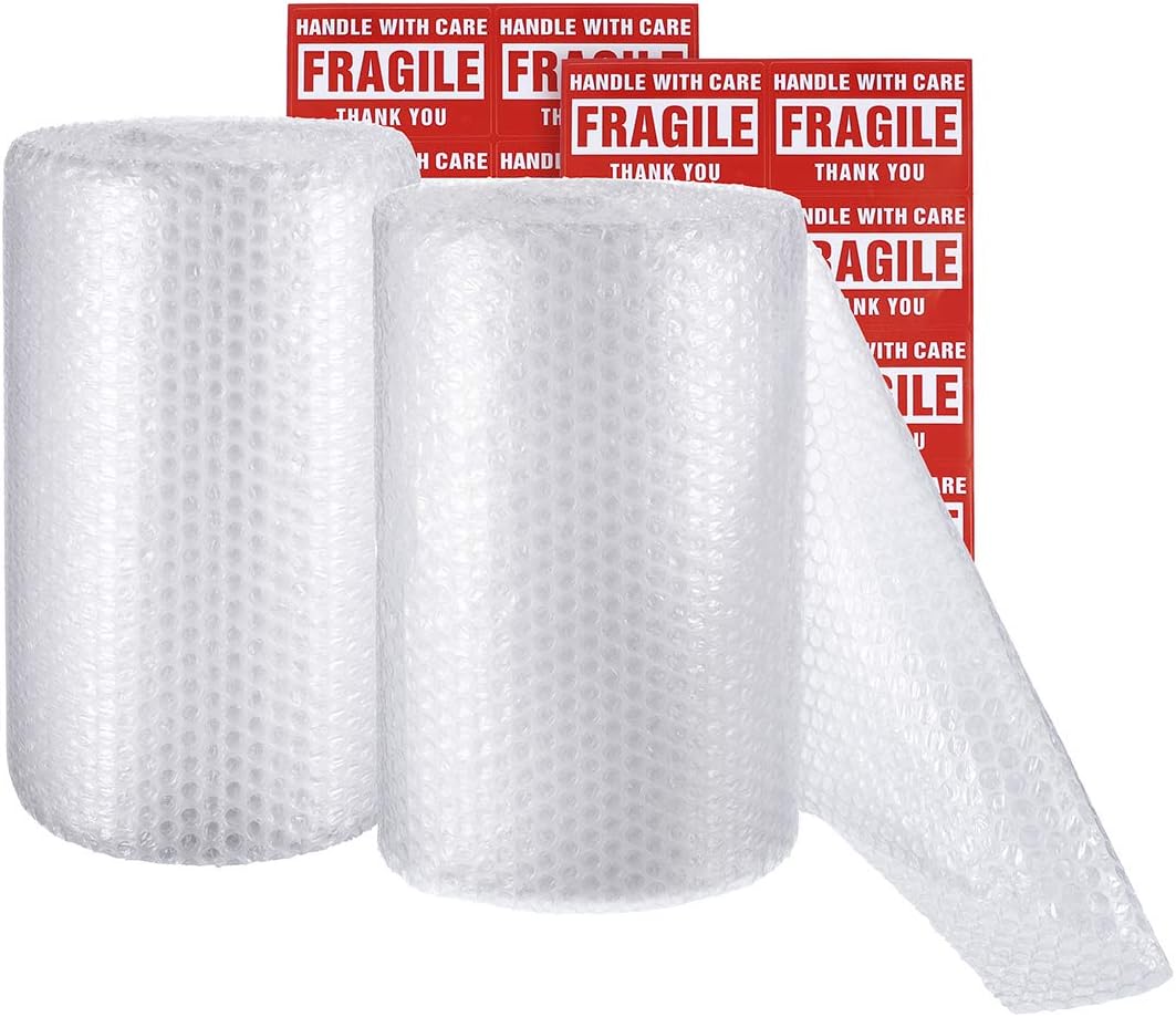 2-Pack Bubble Cushioning Wrap Rolls, 3/16" Air Bubble, 12 Inch x 72 Feet Total, Perforated Every 12", 20 Fragile Stickers Included : Office Products