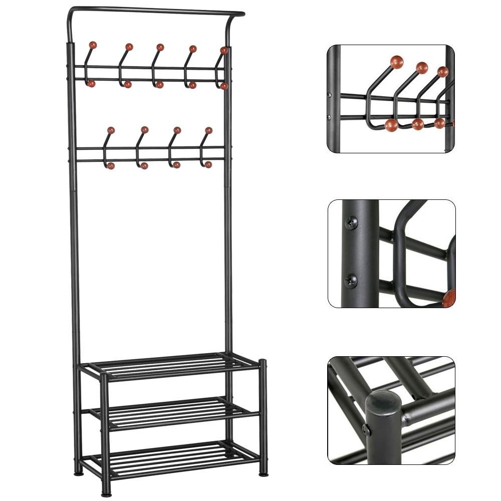Yaheetech Metal Multi-purpose Garment Rack Coat Clothes Stand 3-Tier Shoes Rack Umbrella Stand With Hanging Hooks Black