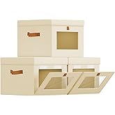 Homsorout Storage Bins with Lid &ndash; Closet Organizer with Side Opening and Clear Window, Foldable Stackable Fabric Basket for Clothes Storage, Bedroom, Nursery, Office, 3 Pack, Beige