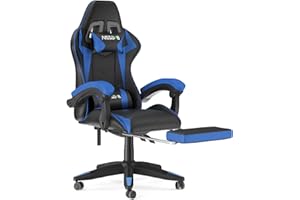 Bigzzia Gaming Chair with Footrest, Ergonomic Game Chairs with Headrest and Lumbar Support, Adjustable Height, Reclining, Racing Style, and 360°Swivel Seat for Computer/Video Game Chair, Blue