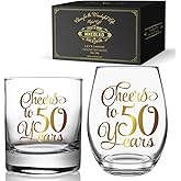 Cheers to 50 Years Wine & Whiskey Glass Gift Set, Gold Foil Design 50th Birthday Anniversary Wedding Valentine's Day Stemless Wine Glass Gifts for Grandparents Couple Men Women Wife Husband Parents128