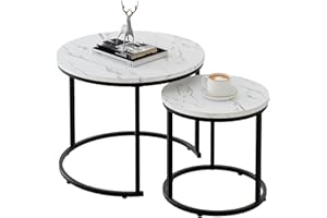 aboxoo Round Nesting Coffee Table Side Table Set of 2 End Tables for Living Room Bedroom Balcony, White Faux Marble Wooden Table 31IN Accent Large Coffee Table with Black Steel Frame