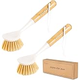 FunCee 2 Pack Kitchen Dish Brushes with Bamboo Handle, Dish Scrubber Built-in Scraper, Scrub Brush for Pans, Pots, Counter &amp; Kitchen Sink Cleaning, Dishwashing and Cleaning Brush Tools, White