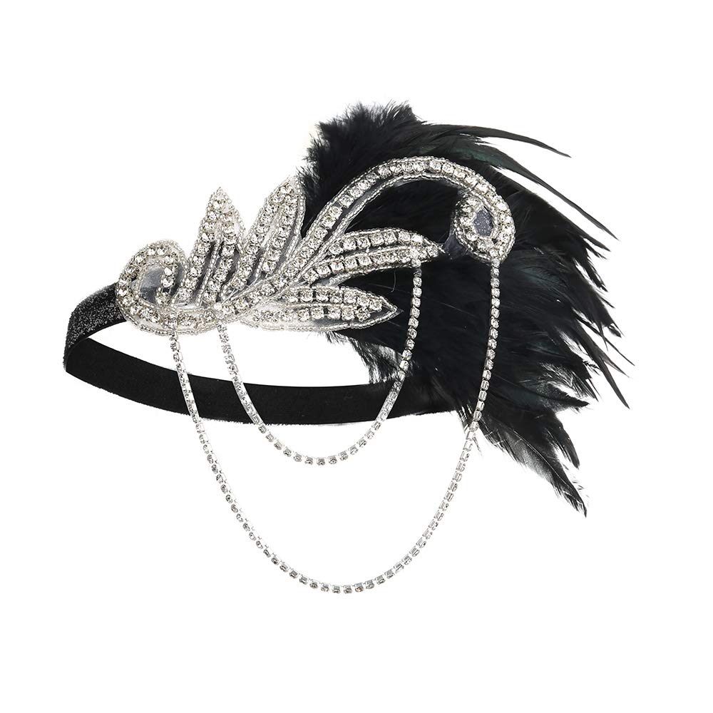 JISEN 1920s Flapper Vintage Feather Gatsby Crystal Headpiece Black