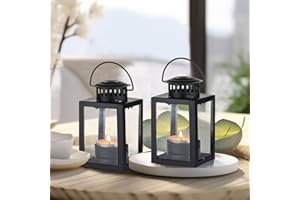STAYMOMENT Small Candle Lanterns Decorative Outdoor: 2 Pcs Black Hanging Tea Lights Candle Holder for Table Centerpiece Fireplace Wedding Christmas 3.9" Glass Farmhouse Decor