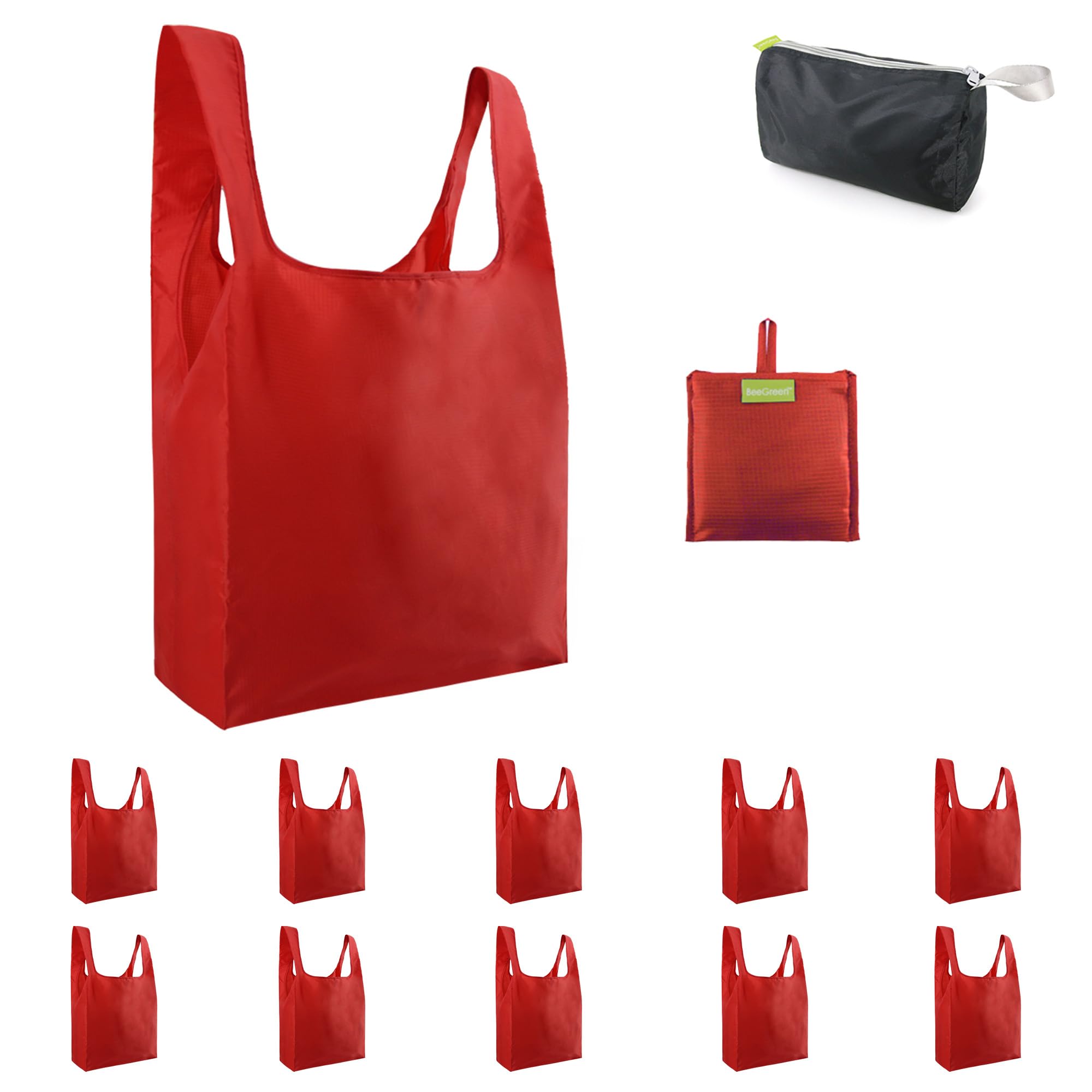 BeeGreen Christmas Red Reusable Grocery Bags with Zipper Storage Pouch 10 Packs Red Reusable Shopping Bags Bulk Foldable-Machine Washable Image