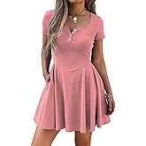 Women Summer Square Neck Mini Dresses Button Down Drop Waist T Shirt Dress Short Swing Sundress with Pockets