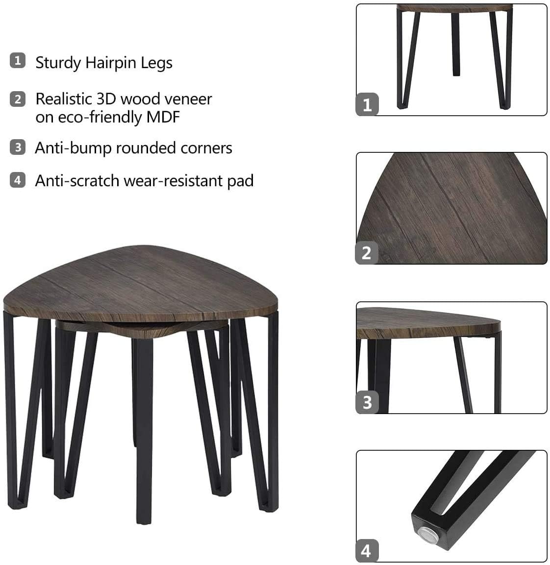 Industrial Nesting-Tables Living Room Coffee Table Sets of 3 Stacking End Side Tables Nightstands Vintage Night Tables for Bedroom Home Office Telepho: Home & Kitchen