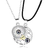 COLORFUL BLING 2Pcs Love Heart Matching Pendant Necklace Set 100 Languages I Love You Sun and Moon for Him and Her Couple Best Friends Promise Projection Jewelry-Black Silver Moon