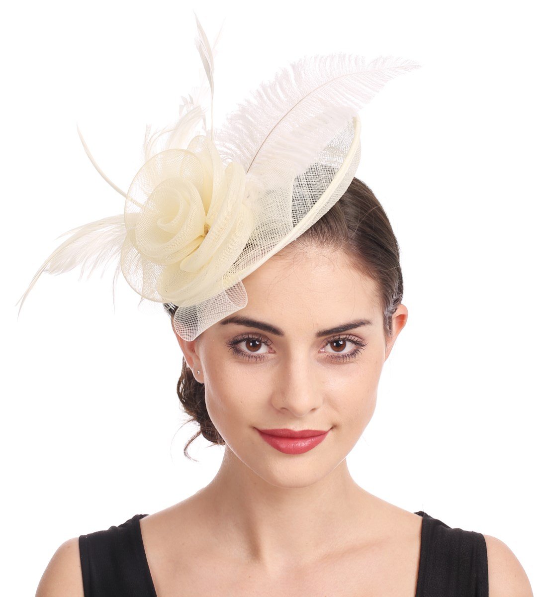 Elegant Fascinator Feather Mesh Net Veil Tea Garden Royal Party Hat Flower Sinamay Hat with Clip and Headband for Women (A4-Beige)