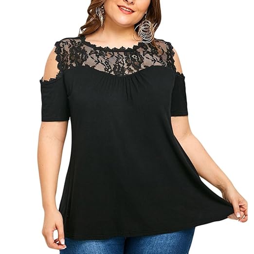 URSING_Damen Groß Größe Damen Kurzarm T-Shirt Frauen Elegante Kalte Schulter Trägerlos Spitze Bluse Übergröße Lässige Spitzen