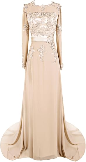 Amazon Dressystarレディース ワンピース 長袖付け シフォンとサテン生地 アップリク 春秋冬用 花嫁ドレス 二次会ドレス Champagnejp23w イブニングドレス 通販