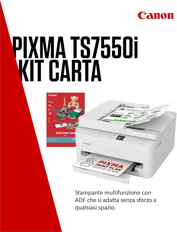 PIXMA TS7550I - Stampante Multifunzione con Connettività Wi-Fi, Alimentatore Automatico da 35 fogli PIXMA Print Plan - Include Carta Fotografica A4 MP-101, 5 Fogli