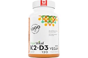 PlantVital High-Potency Vegan Vitamin D3 + K2 -Made in Canada - (1000IU /25 mcg + 120 mcg) for Bones, Teeth and Immune System
