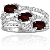 Ice Gems Sterling Silver Garnet and White Topaz Oval Three Stone Ring