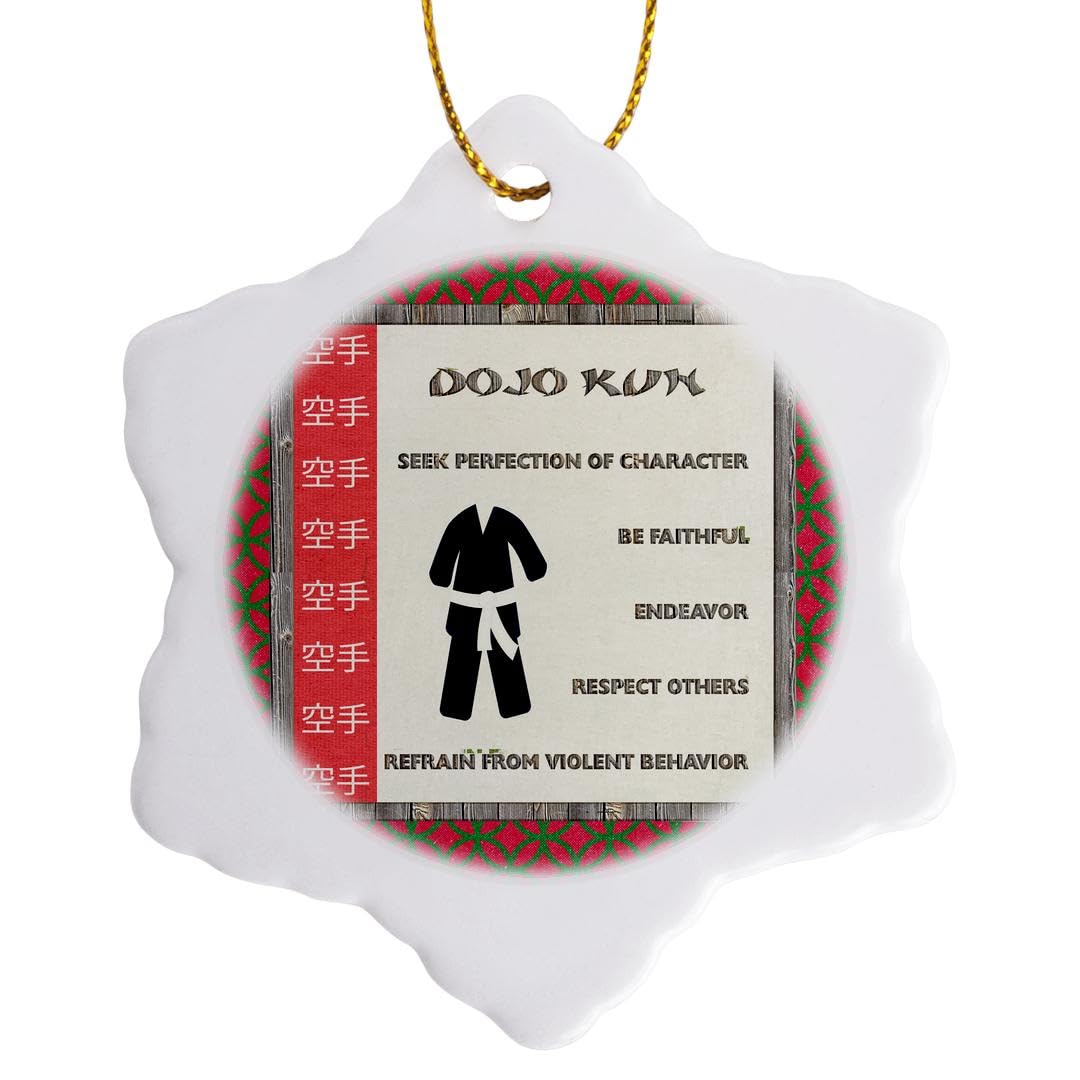 3dRose Dojo Kun, Japanese Martial Arts, Karate Rules, White Belt Snowflake Ornament, Porcelain, Multi-Colour, 3-Inch