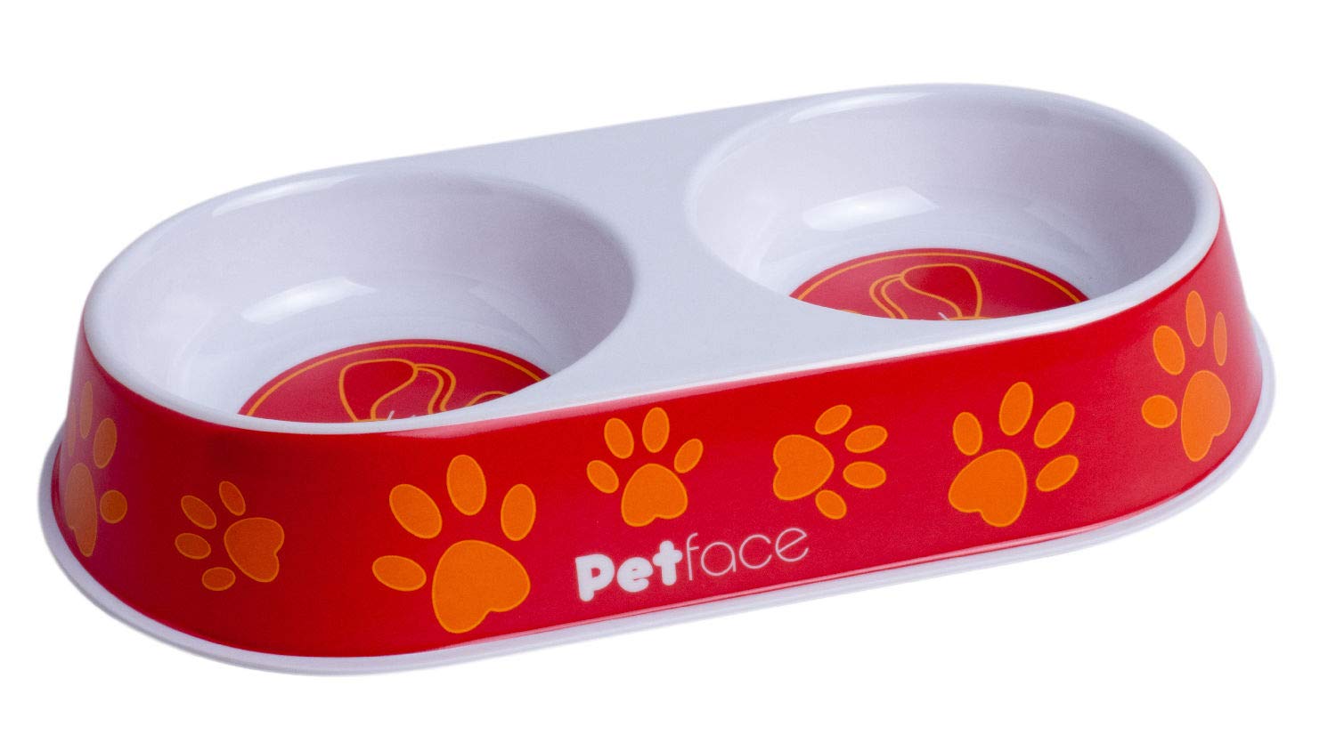 Petface Melamine Double Cat Food and Water Bowl, Dual Feeding & Watering Station, Orange & Red Paw Print Pattern
