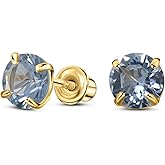 Solid 14K Gold Round Solitaire Simulated-Birthstone Minimalist Stud Earring with Comfort Screw Backing