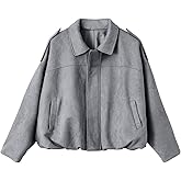 EVALESS Womens Faux Suede Bomber Jackets Long Sleeve Spring Coats Zip Up Cropped Jacket Trendy Outerwear with Pockets