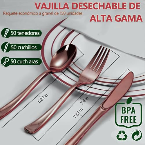 KFBGKKF Cubiertos Reutilizables, Vajilla Elegante Reutilizable de150PCS, 50 Tenedores, 50 Cuchillos y 50 Cucharas Elegantes, para Cumpleaños, Banquetes, Reuniones, Fiesta, Bodas, para 50 Invitados