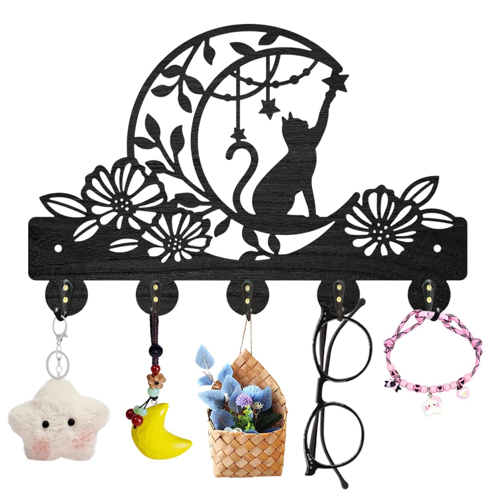 MAYJOYDIY Cat Moon Flower Coat Rack Wall Mounted Wood Animal Moon Star Key Hanger Wall Art Decor 30×20cm 5 Alloy Hooks Black Key Rack Organizer for Gift Entryway Hallway Kitchen Room