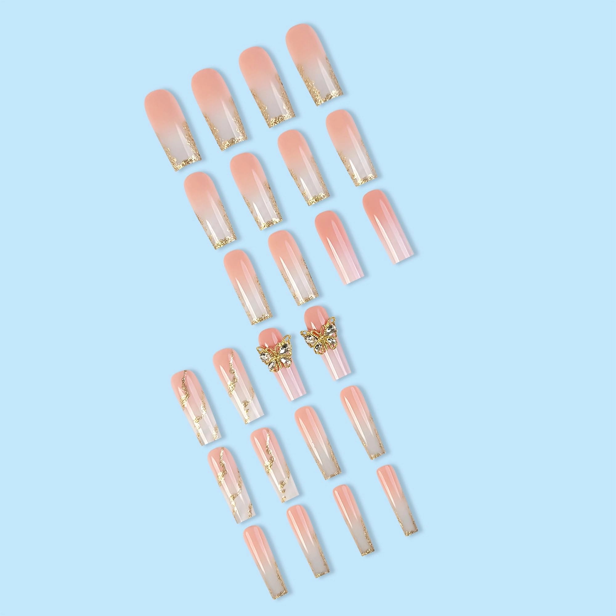 MERVF Long Square Press on Nails Gold French Tip Fake Nails with 3D Butterfly Design Press ons Glitter Swirls Squoval Glue on Nails Acrylic Nails Luxury False Nails Glossy 24pcs - Image 6