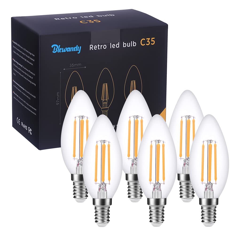 Blewandy E14 LED Candle Bulbs, 40W Equivalent, 2700K Soft Warm White, Small Edison Screw (SES) Light Bulb, 4W Non-Dimmable Filament, Pack of 6