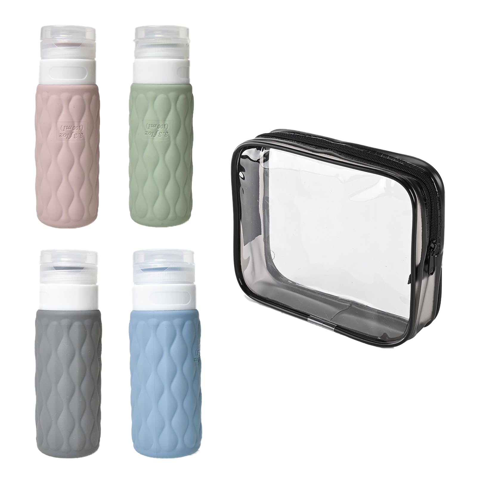 Sicheii 4 Pack 100 ml Silicone Travel Bottles for Toiletries with Storage Bag, Leakproof Travel Size Squeeze Lotion Bottle, Refillable Liquid Shampoo Container Tube Storage for Traveling (A)