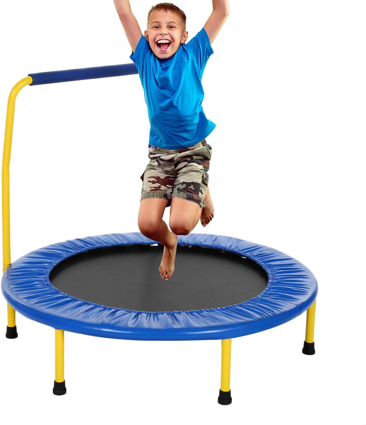 Eloklem Portable & Foldable Fitness Workout Mini Rebounder Trampoline with Adjustable Handrail for Indoor Garden Workout Cardio Exercise