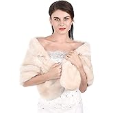 Aukmla Women's Wedding Fur Wraps and Shawls Bridal Fur Stoles Scarf with Rhinestones Brooch for Bride and Bridesmaids