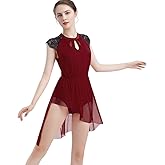 ODASDO Women Elegant Lyrical Dance Dress Lace Cap Sleeve Asymmetrical Tulle Skirt Leotard Contemporary Costume XS-XL
