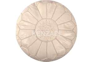KENZADI Genuine Leather Ottoman Pouf Cover Hand Stitched in Marrakech by Moroccan Artisans, Footstool, UNSTUFFED (White by White)