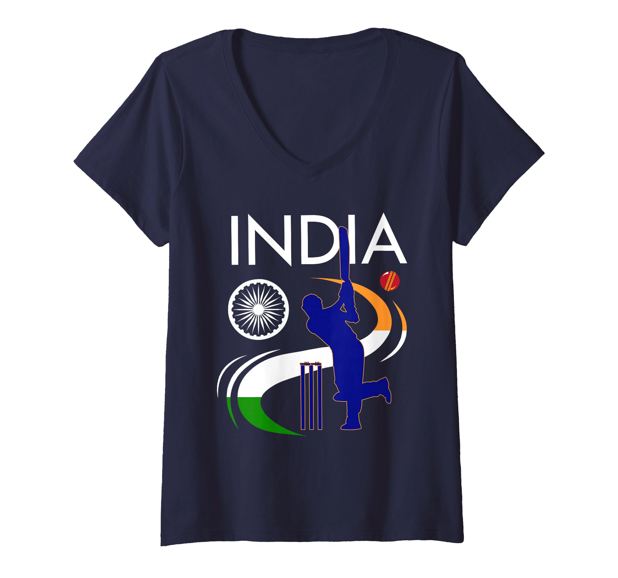 Womens India Cricket With Indian Flag Brush Stroke V-Neck T-Shirt