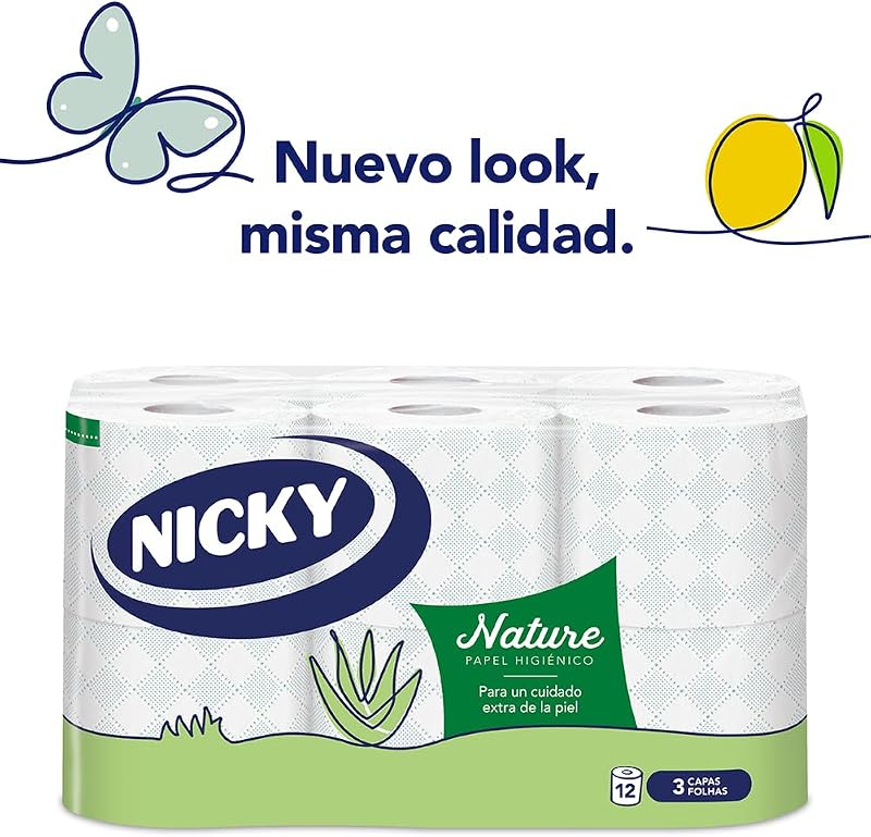Papel Higiênico Nicky Nature - Pack de 12 Rolos, 170 Folhas de 3 Camadas, Enriquecido com Loção Aloe Vera, Confortável e Suave na Pele, Embalagem Reciclável, Celulose 100% Pura, Certificado FSC
