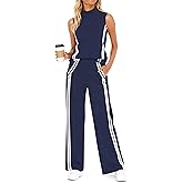 Casly Lamiit Womens 2 Piece Lounge Set Stripes Travel Outfits Sweatsuit Mock Neck Tank Top Wide Leg Pants Casual Activewear