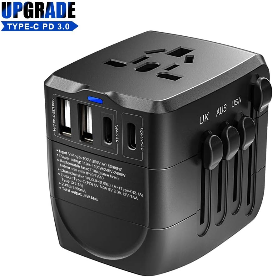Travel Adapter, 2400W International Power Adapter,1 Type-C PD 3.0 & 1 Smart Type-C & 2 USB All in One Power Plug Adapter for High Power Appliances for UK, EU, AU, US, Over 200 Countries (Black)
