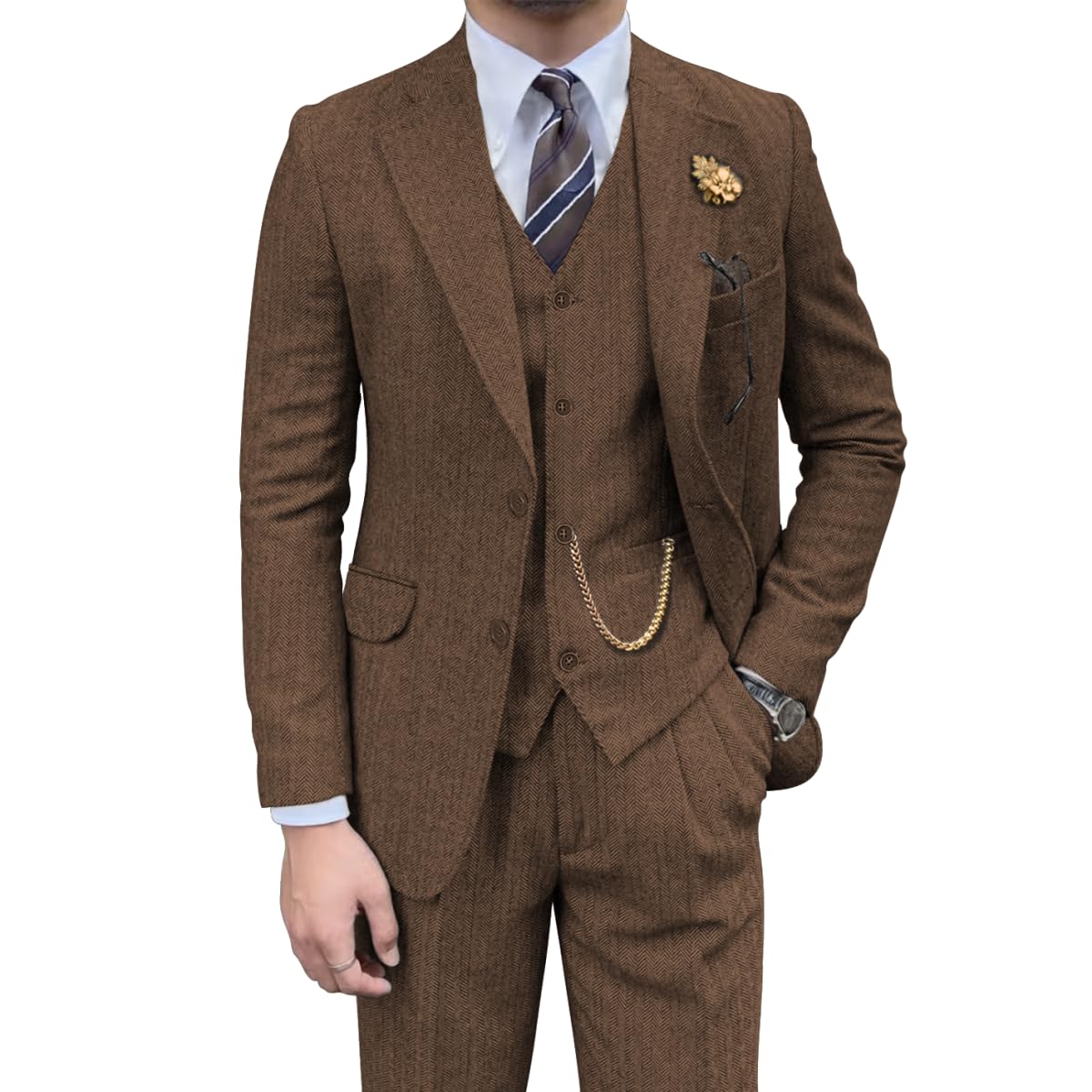 Photo 1 of Herringbone Tweed 3 Piece Mens Suit Wool Blend Slim Fit Men Suits Formal Party Dinner Tuxedo Set Business Suits Jacket Blazer Vest Pants Brown XXL