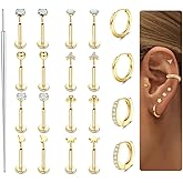 Sanfenly Threadless Flat Back Earrings Studs 316L Surgical Steel Cartilage Earrings for Women Men Push in Nose Rings Studs 20G 18G 16G CZ Opal Tragus Helix Conch Lip Labret Medusa Nostril Piercing Jewelry Hypoallergenic