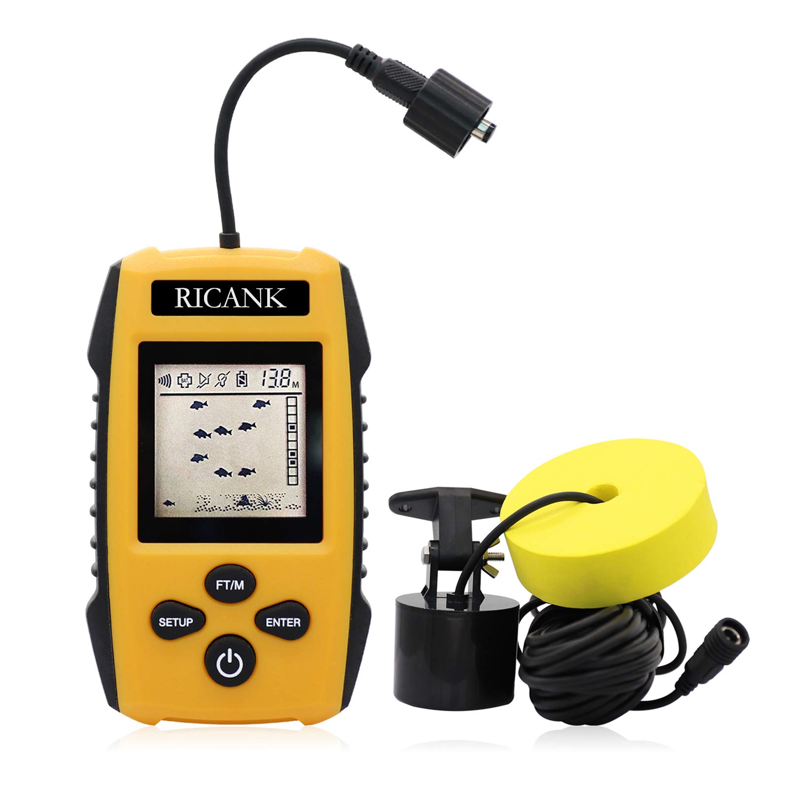 RICANK Kayak Portable Fish Depth Finder Handheld Fish Finder Contour Readout Fishfinder Ice Shore Boat Fishing Fish Detector Device with Sensor Transducer and LCD Display Gear Yellow