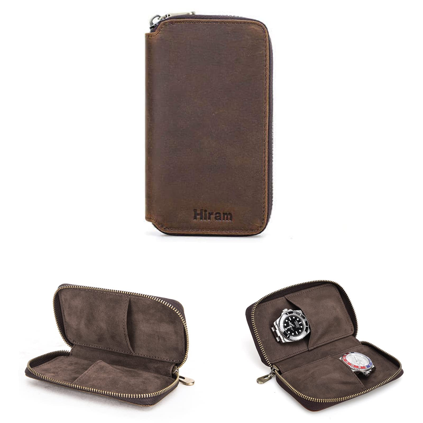 Hiram Watch Travel Case for 2 Watches Handmade Genuine Leather Watches Storage Box Portable Watch Travel Organizer