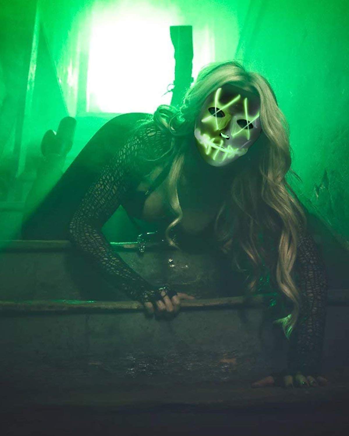 Scary Halloween Mask Cosplay LED Glow Scary EL Wire Light up Grin Masks for Festival Parties Costume (Green)