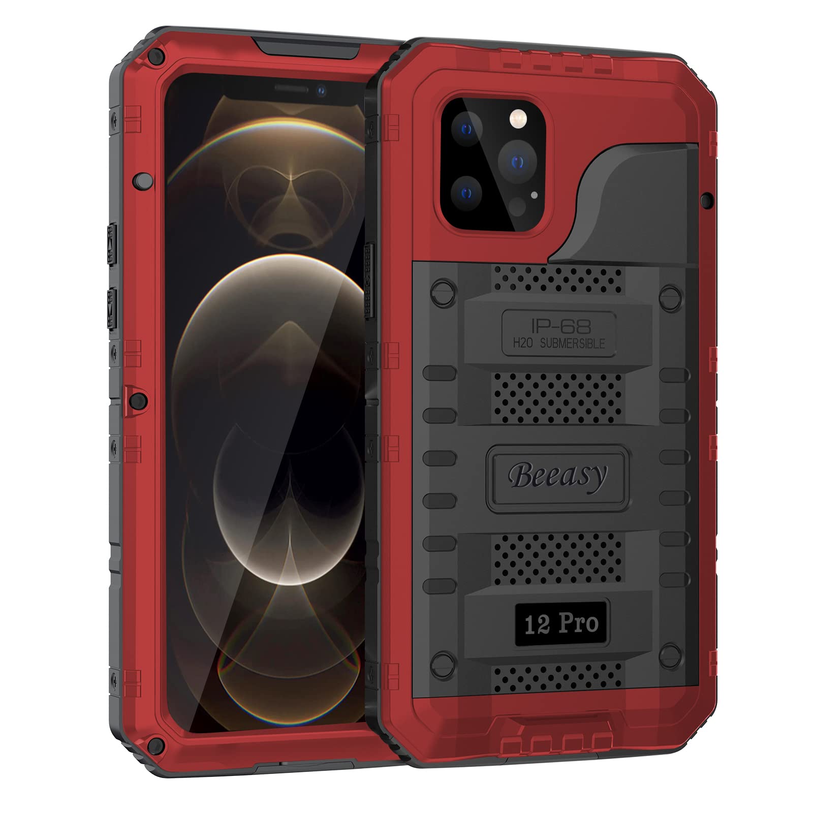 Beeasy Case Compatible with iPhone 12 Pro, Waterproof Shockproof Tough Heavy Duty, Built-in Screen Protector 360 Degree Full Body Military Protective, Metal Rugged Cover for Outdoor Red — image 1