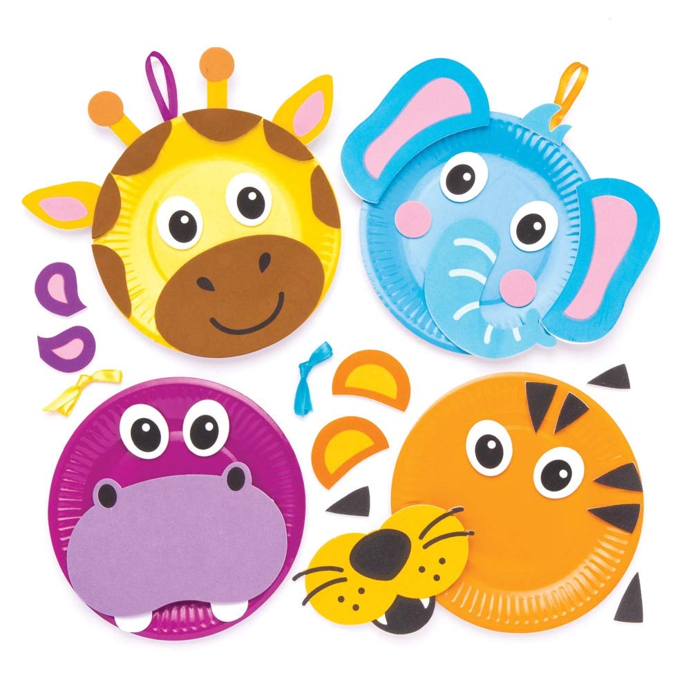 Baker Ross AW488 Jungle Animal Plate Kits, Creative Arts and Crafts Kits for Kids, Assorted, Pack of 4