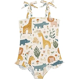 Zoo Animal Safari Toddler Swimsuit Girls Swimwear Bow Straps Ruffle Sling Adjustable One Piece Bathing Suits