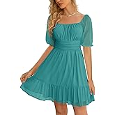 Wenrine Womens Puff Short Sleeve Mini Dress Mesh Square Neck High Waist Ruffle Hem Flowy Party A Line Dress